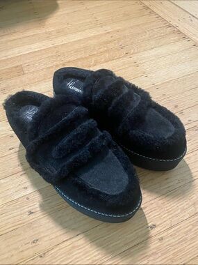Flamingos Black Faux Fur Platform Mules